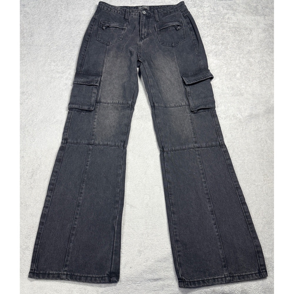 White Fox Cargo Jeans Womens Small Black Flare‎ Wide Leg Utility Denim Pants